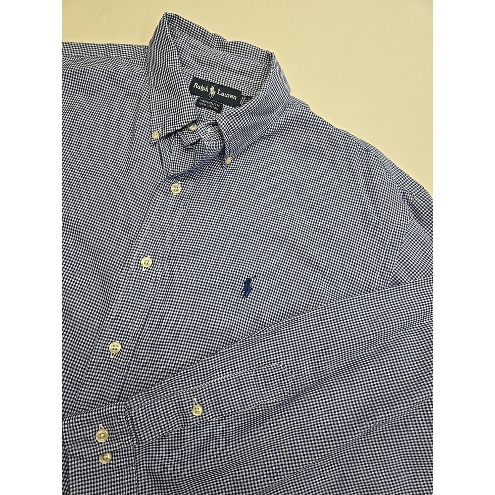 Ralph Lauren Shirt Mens 17 Blue Check Button Up Long Sleeve‎ Yarmouth Cotton